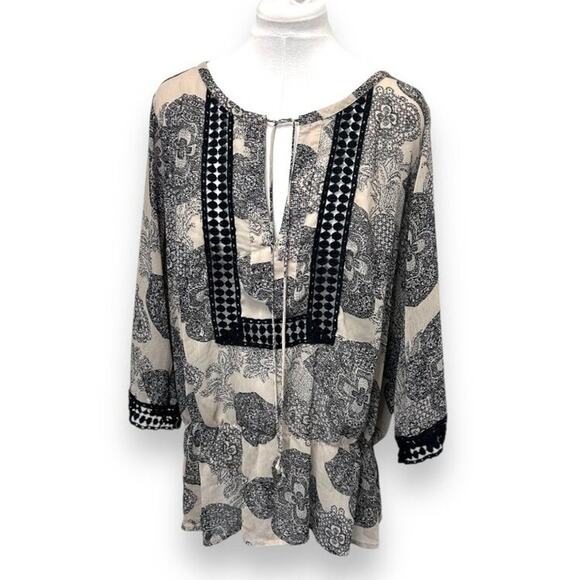 Black Rainn 2X Boho Chic Blouse With Lace Trim & Floral Print - Picture 1 of 8